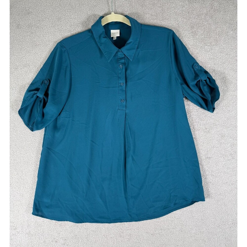 Pleione Womens Blouse Large Solid Teal Roll Tab Sleeve Button Front Popover Top